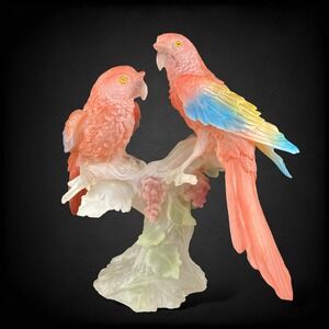 Tropical Parrot Sculpture Frosted Resin Birds on Branch Coastal 1980s
